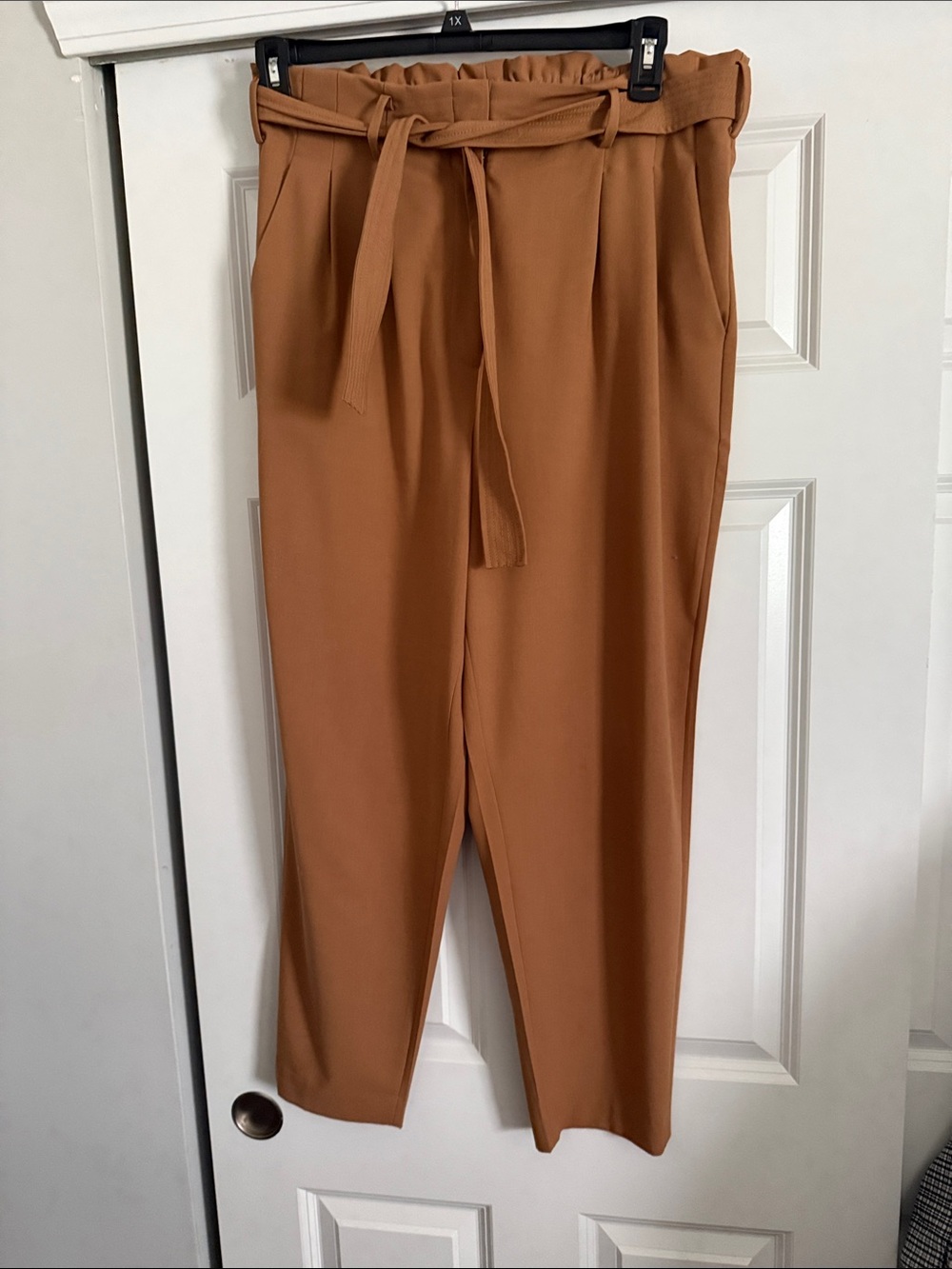 Calvin Klein Paperbag Waist Cropped Trousers in Rust
